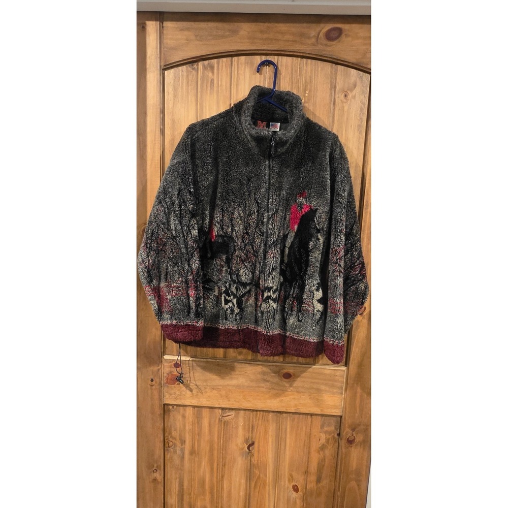 Mazmania Vtg Fleece Sweater Jacket Womens S Black‎ Horseback Hunters Dogs Woods